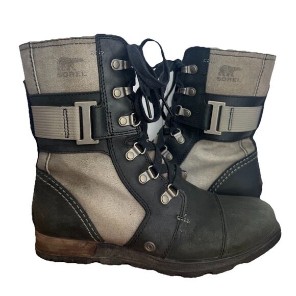 Sorel Leather Boots Womens Sz 7.5 Major Carly Zip Lace Up Tan Canvas Black - Picture 1 of 7